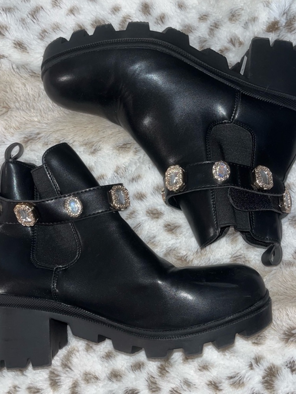 SHEIN Black Chunky Chelsea Booties with Crystal-Embellished Strap